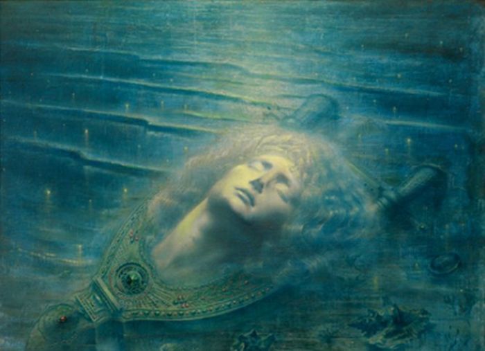 beļģu simbolista Žana Delvila (Jean Delville, 1867–1953) glezna “Mirušais Orfejs” (Orphée mort, 1893). Attēls - www.sigulda.lv