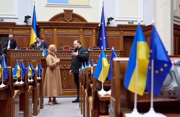 Ministru prezidente Evika SIliņa tiekas ar Ukarinas Augstākās Radas priekšsēdētāju Ruslanu Stefančuku Kijivā.  Foto - Gatis Rozenfelds, Valsts kanceleja