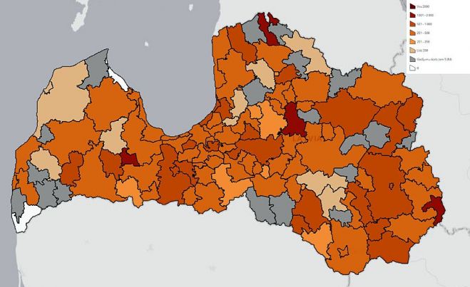 Reģistrēto Covid-19 gadījumu biežums pēdējās 14 dienās uz 100 000 iedzīvotāju. Grafika - SPKC