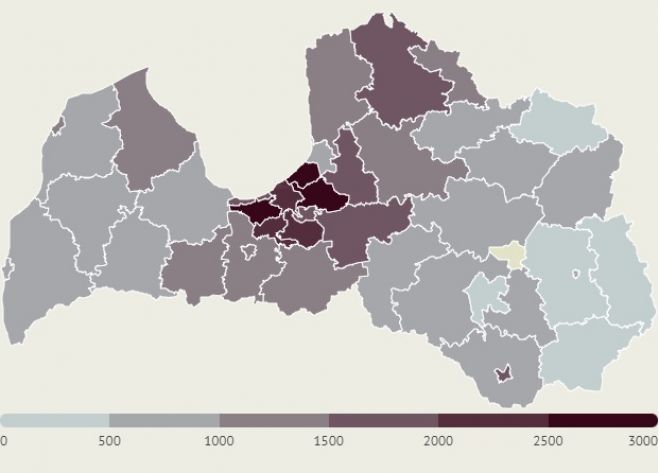 LETA aprēķins par saslimšanu skaitu ar Covid-19 Latvijas pašvaldībās pēdējo 14 dienu laikā uz 100 000 iedzīvotāju. Kartē iekļauti dati tikai par tām pašvaldībām, kurās pēdējās 14 dienās saslimušo skaits pārsniedz piecus. Infografika - LETA