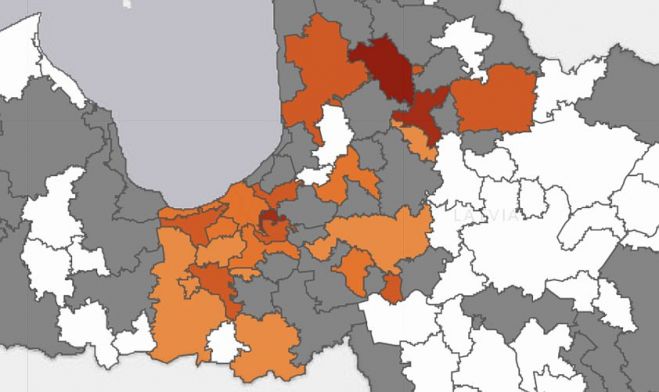 Saslimstība novados uz 100 000 iedzīvotāju. Dati – SPKC