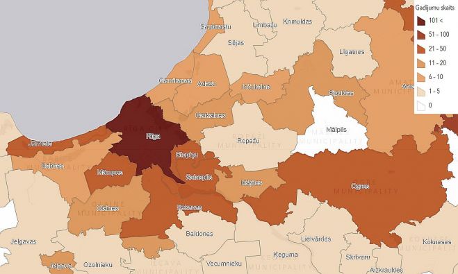 14 dienu kumulatīvais rādītājs atspoguļo personu skaitu, kurām pēdējās 14 dienās konstatēta Covid-19 infekcija. Grafika – SPKC 