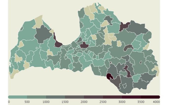 14 dienu saslimstības līmenis uz 100 000 iedzīvotāju. Grafika - LETA