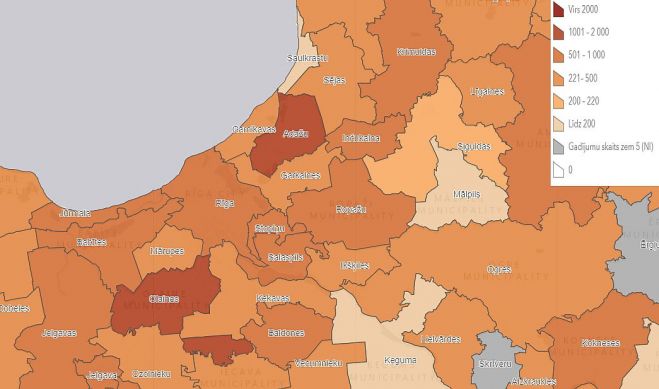 14 dienu kumulatīvā saslimstība novados, uz 100 000 iedzīvotāju. Grafika - SPKC