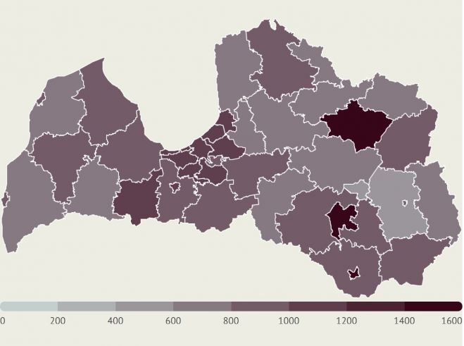 LETA aprēķins par saslimšanu skaitu ar Covid-19 Latvijas pašvaldībās pēdējo 14 dienu laikā uz 100 000 iedzīvotāju. Kartē iekļauti dati tikai par tām pašvaldībām, kurās pēdējās 14 dienās saslimušo skaits pārsniedz piecus. Infografika - LETA