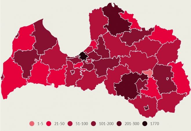 Apstiprināto saslimšanu skaits ar Covid-19 Latvijas pašvaldībās pēdējo 14 dienu laikā. Dati līdz 17.septembra plkst.10.00. Infografika - LETA
