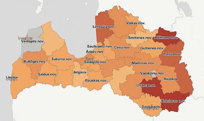 14 dienu kumulatīvais rādītājs uz 100 000 iedzīvotāju. Grafika - SPKC