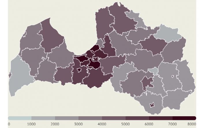14 dienu saslimstības līmenis uz 100 000 iedzīvotāju. Grafika - LETA