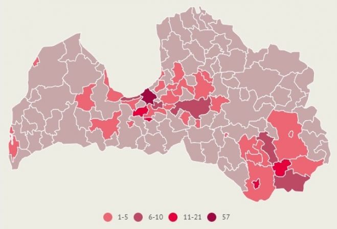 Apstiprināto saslimšanu skaits ar Covid-19 Latvijas pašvaldībās. Dati līdz 15.septembra plkst.10.00. Infografika: LETA