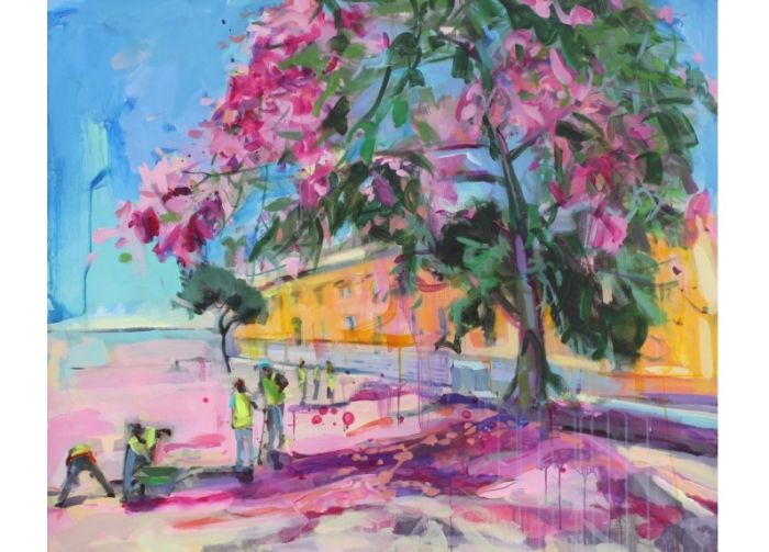 Anna Laicāne. “Darbs ziedlapiņās” (“Blooming”). 2018. Audekls, akrils, 100 x 120 cm.