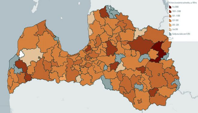 14 dienu kumulatīvā saslimstība novados, uz 100 000 iedzīvotāju. Grafika – SPKC