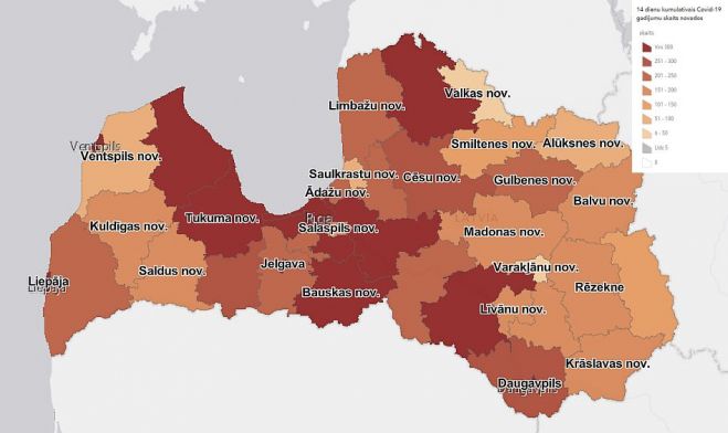 14 dienu kumulatīvā saslimstība novados, gadījumu skaits. Grafika - SPKC