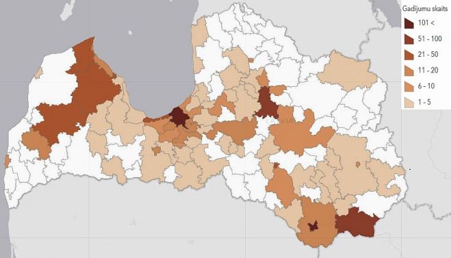 14 dienu kumulatīvā saslimstība novados, gadījumu skaits. Grafika – SPKC