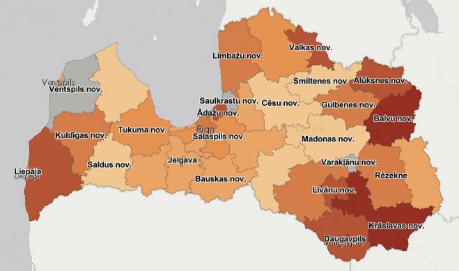 14 dienu kumulatīvais rādītājs uz 100 000 iedzīvotāju. Grafika - SPKC