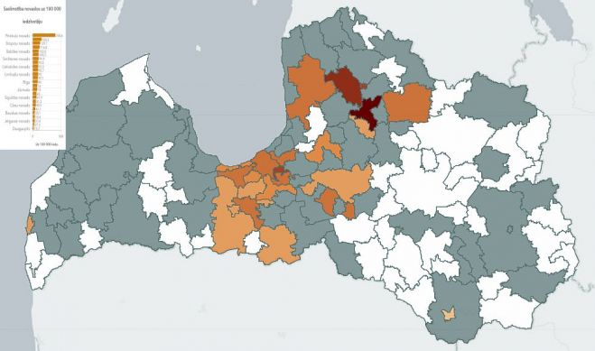 Saslimstība novados uz 100 000 iedzīvotāju. Dati - SPKC