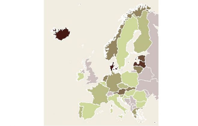 14 dienu kumulatīvais Covid-19 inficēšanās gadījumu skaits uz 100 000 iedzīvotāju Eiropas Savienības un Eiropas Ekonomikas zonas valstīs. Grafika - LETA