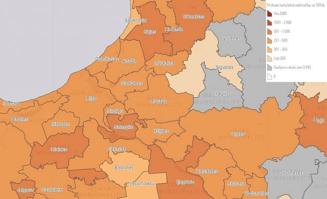 14 dienu kumulatīvā saslimstība novados, uz 100 000 iedzīvotāju. Grafika – SPKC