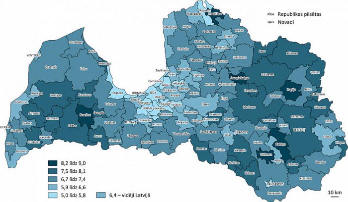 Jauniešu (18–24 gadi) īpatsvars iedzīvotāju kopskaitā republikas pilsētās un novados 2019. gada sākumā (procentos). Dati – CSP