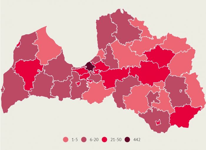 Apstiprināto saslimšanu skaits ar Covid-19 Latvijas pašvaldībās pēdējo 14 dienu laikā. Dati līdz 10.augusta plkst.10.00. Infografika – LETA