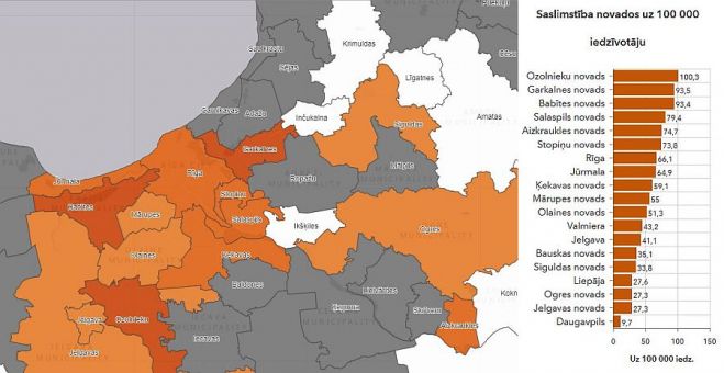 Saslimstība novados uz 100 000 iedzīvotāju. Ilustrācija - SPKC