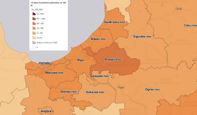 Reģistrēto Covid-19 gadījumu biežums pēdējās 14 dienās uz 100 000 iedzīvotāju. Grafika - SPKC