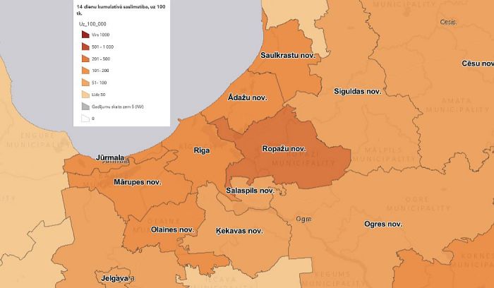 Reģistrēto Covid-19 gadījumu biežums pēdējās 14 dienās uz 100 000 iedzīvotāju. Grafika - SPKC