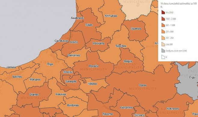 Reģistrēto Covid-19 gadījumu biežums Pierīgas novados pēdējās 14 dienās uz 100 000 iedzīvotāju. Grafika - SPKC