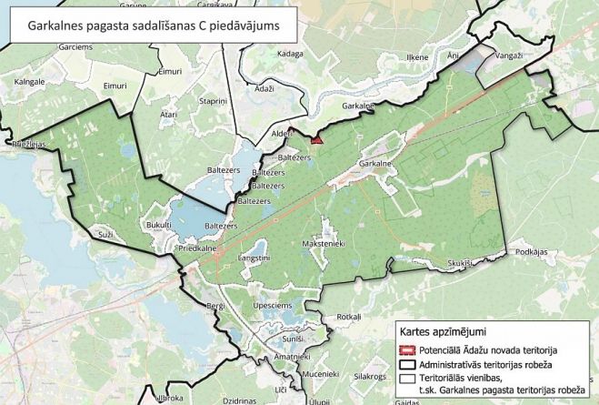 Garkalnes pagasta sadalīšanas variants, ar ko Ādažu novada pašvaldības domei un iedzīvotājiem nav bijusi iespēja iepazīties. Ilustrācija - adazunovads.lv