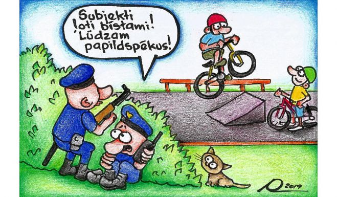 Mazs cinītis gāž lielu vezumu. Kurš gan būtu domājis, ka mazā Baložu skeitparciņa stāstā tiks iesaistīta policija? Karikatūra - Aigars Lapiņš