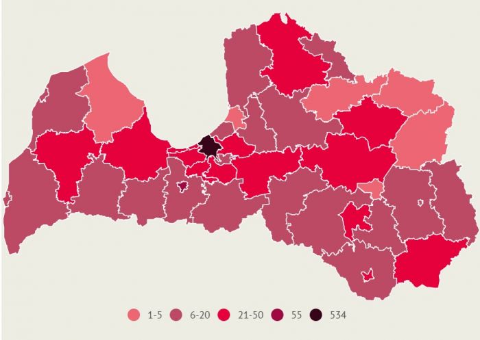 Apstiprināto saslimšanu skaits ar Covid-19 Latvijas pašvaldībās pēdējo 14 dienu laikā. Dati līdz 16.augusta plkst.10.00. Infografika – LETA