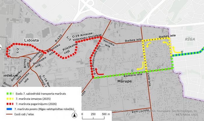 “Rīgas satiksmes” 7.maršruta autobusa izmaiņu priekšlikums. Ilustrācija – marupe.lv
