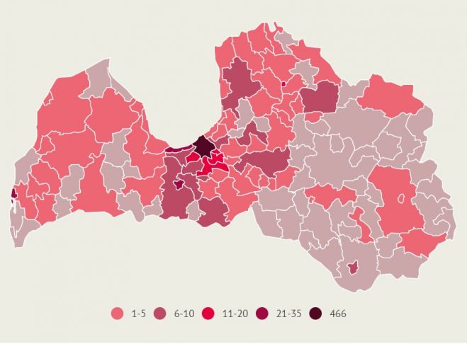 Apstiprināto saslimšanu skaits ar Covid-19 Latvijas pašvaldībās. Dati līdz 28.aprīļa plkst.9.00. Infografika: LETA