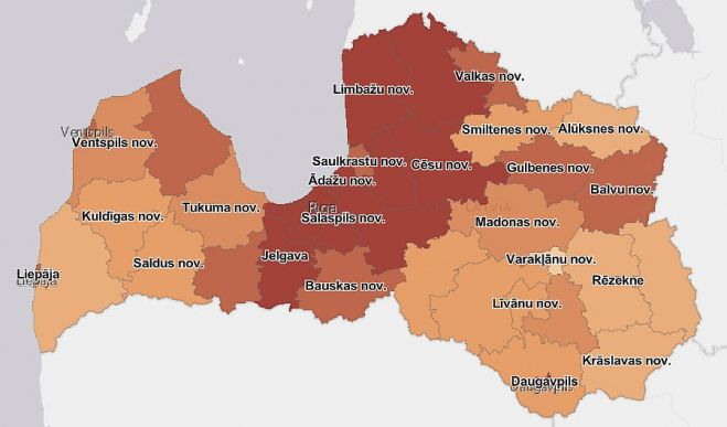 14 dienu kumulatīvais rādītājs uz 100 000 iedzīvotāju. Grafika - SPKC