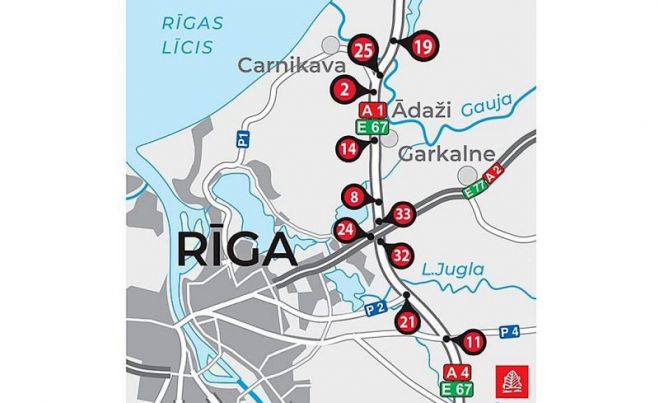 Melnie punkti ceļa posmā. Ilustrācija - Latvijas Valsts ceļi