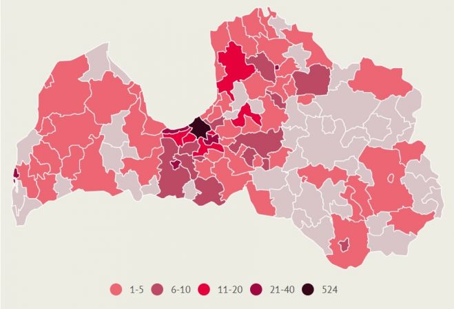 Apstiprināto saslimšanu skaits ar Covid-19 Latvijas pašvaldībās. Dati līdz 12.maija plkst.9.00. Infografika: LETA