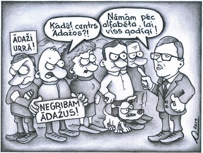 Jaunā administratīvi teritoriālā reforma jeb vienkārši novadu reforma izraisa asas diskusijas un kaislības. Pierīgas novadiem jautājumu ir īpaši daudz, piemēram, ideja par lielā "konglomerāta" veidošanu ar centru Ādažos. Karikatūra: Aigars Lapiņš. Foto: publicitātes.