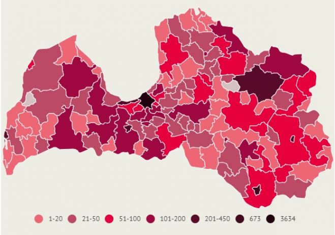 Apstiprināto saslimšanu skaits ar Covid-19 Latvijas pašvaldībās pēdējo 14 dienu laikā. Dati līdz 9.februāra 10.00. Infografika – LETA