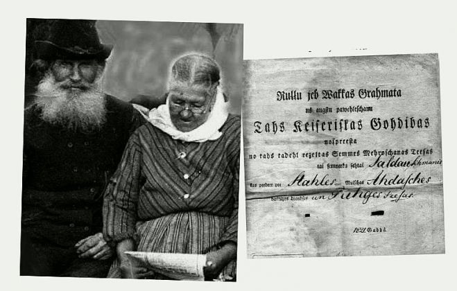 Štāles muižas zemnieki Indriķis un Trīne Bērziņi Zaldevos (ap 1903. gadu) un Štāles muižas zemnieka Zaldavu Sīmaņa vaku grāmata ar izpildāmo klaušu un nodevu apjomu (1821. gads). Avots – Carnikavas Novadpētniecības centrs