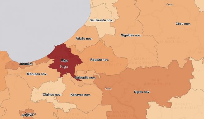 14 dienu kumulatīvā saslimstība novados, gadījumu skaits. Grafika - SPKC