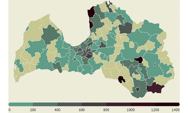 14 dienu saslimstības līmenis uz 100 000 iedzīvotāju. Grafika - LETA