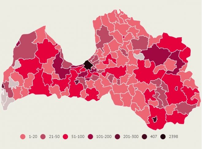 Apstiprināto saslimšanu skaits ar Covid-19 Latvijas pašvaldībās pēdējo 14 dienu laikā. Dati līdz 16.marta plkst.10.00. Infografika – LETA