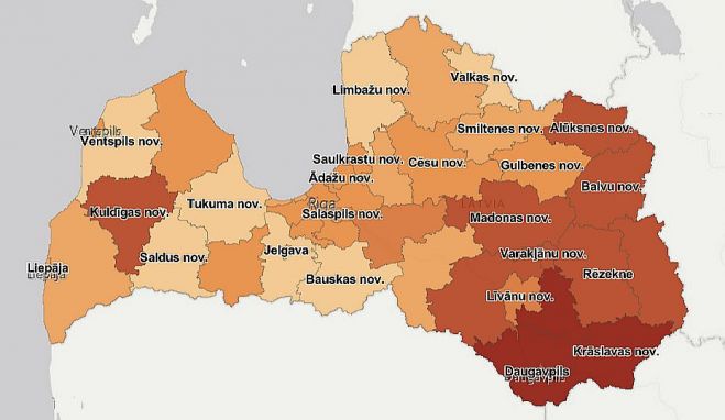 14 dienu kumulatīvais rādītājs uz 100 000 iedzīvotāju. Grafika – SPKC