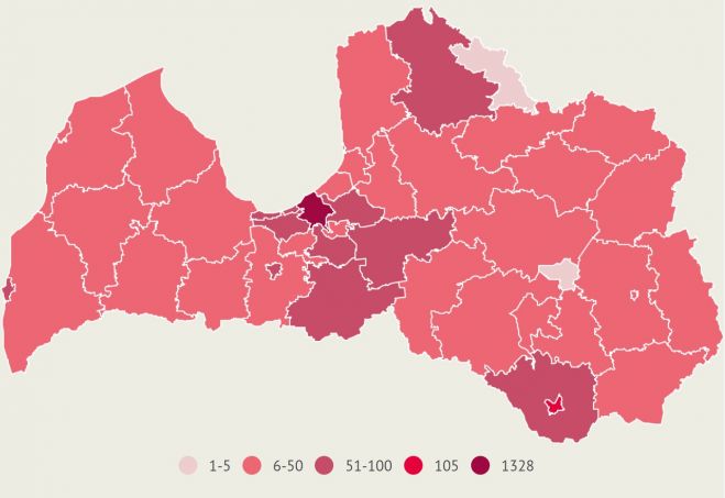 Apstiprināto saslimšanu skaits ar Covid-19 Latvijas pašvaldībās pēdējo 14 dienu laikā. Dati līdz 27.jūnija plkst.10.00. Infografika - LETA