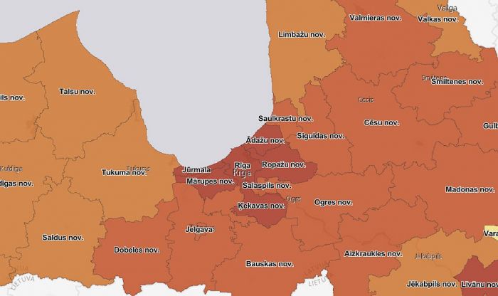 14 dienu kumulatīvais inficēšanās gadījumu skaits uz 100 000 iedzīvotāju. Grafika - SPKC
