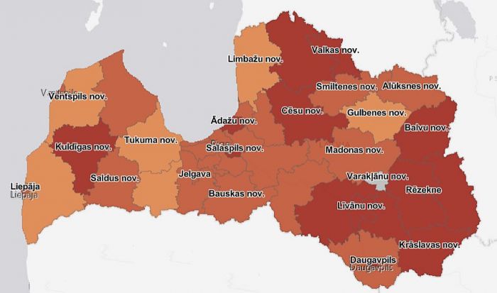 14 dienu kumulatīvā saslimstība novados, uz 100 000 iedzīvotāju. Grafika - SPKC