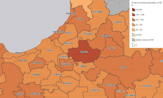 14 dienu kumulatīvā saslimstība novados, uz 100 000 iedzīvotāju. Grafika - SPKC