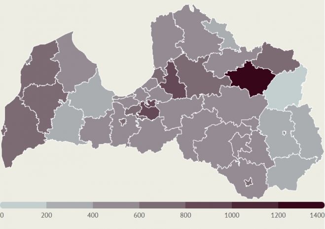 LETA aprēķins par saslimšanu skaitu ar Covid-19 Latvijas pašvaldībās pēdējo 14 dienu laikā uz 100 000 iedzīvotāju. Šis rādītājs ļauj salīdzināt saslimstības līmeni pašvaldībās ar atšķirīgu iedzīvotāju skaitu un neatspoguļo konkrētu saslimušo skaitu. Kartē iekļauti dati tikai par tām pašvaldībām, kurās pēdējās 14 dienās saslimušo skaits pārsniedz piecus. Infografikas - LETA