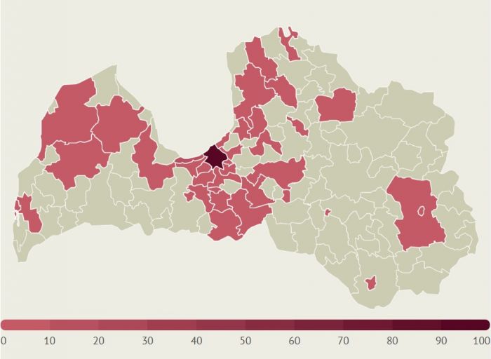 Apstiprināto saslimšanu skaits ar Covid-19 Latvijas pašvaldībās. Dati līdz 24.martam. Infografika: LETA
