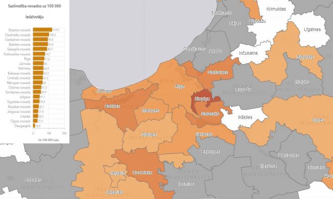 Saslimstība novados uz 100 000 iedzīvotāju. Dati - SPKC