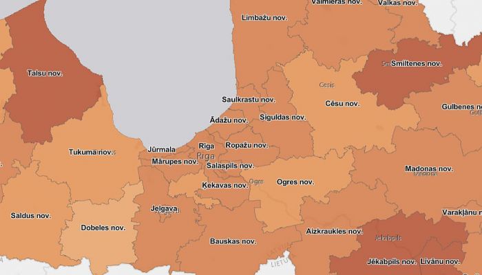 14 dienu kumulatīvais rādītājs atspoguļo personu skaitu, kurām pēdējās 14 dienās konstatēta Covid-19 infekcija. Grafika - SPKC
